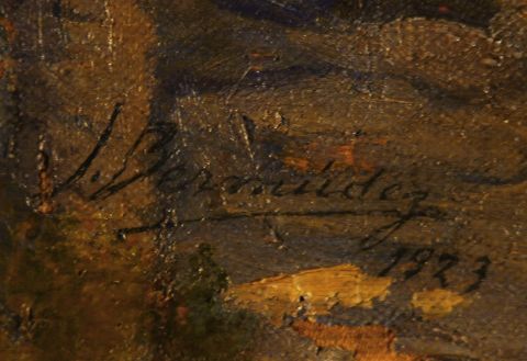 BERMUDEZ Jorge; Arcada con personajes norteos, leo sobre tela firmado. Mide: 62 x 56,5 cm.