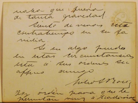Carta manuscrita del Presidente Julio A. Roca firmada en tarjeta de la presidencia.