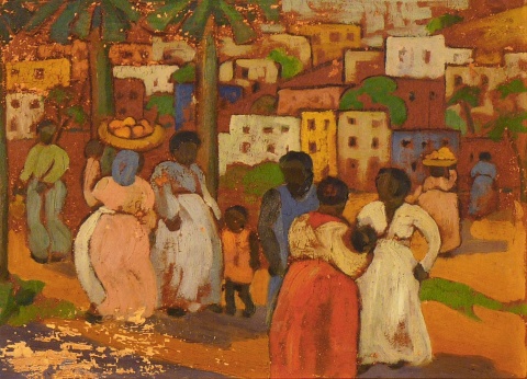 Calle Caribeña con personajes y palmeras, óleo (Muñiz Barreto)