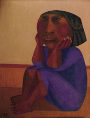 DIZ , JUANA E. Figura sentada con vestido azul', óleo sobre tela, fdo. 111 x 65 cm.