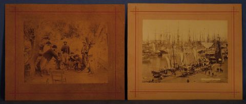 BOOTE Samuel ' Vista del puerto' y ' Comiendo el asado' dos albúminas de 24 x 29 cm. Circa 1880