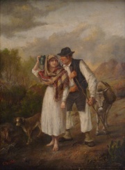 Anónimo, Campesinos en el camino, pintura al óleo 40,5 x 53 cm.-