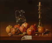 Juan ORIHUEL, JARRA, CANDELERO Y CEBOLLAS, óleo sobre madera firmado. Mide: 50 x 60 cm.