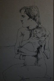 Enrique Sobisch. Madre con Niño, tinta. Mide: 45 x 31 cm.