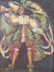 Angel Arcabucero con sombrero, con corneta, óleo sobre tela marco madera tallada y dorada.