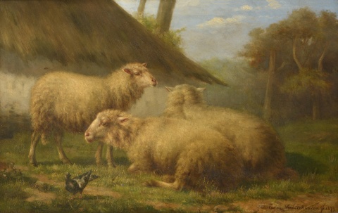 Verboeckhoven, Ovejas descansando, óleo. Marco con faltantes.1879.