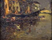 Koek Koek, Barcas en el Muelle, óleo 24 x 30 cm.