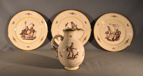 Tres platos y jarra de Nymphemburg, decoracin escenas costumbristas.