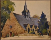 TITO SAUBIDET, Iglesia de Francia, acuarela firmada. Año 1917. Mide: 21,5 x 27,5 cm.