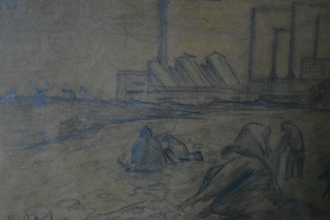 MARCH, Horacio. 'Villa Soldati' dibujo crayón. Mide: 17 x 22 cm.