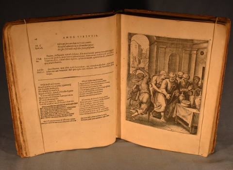 Vaenius, Otto; Quinti Horatii Flacci Emblematta: 1 Vol. 1 hoja averiada. ANTVERPIAE 1612- Pleno cuero, lomo con dorados