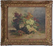 Cauchois, H. Flores en canasta, óleo sobre tela. 46 x 55 cm.