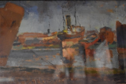 Veneziano, C. Barcos en descanso, óleo. Mide: 25 x 41 cm.