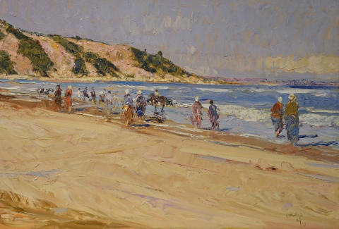 Montoya Ortiz, H. 'Playa con Personajes', óleo 70 x 90