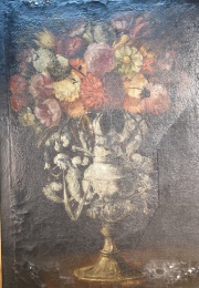 Anónimo. Copas con flores, óleo restaurado y faltante 82 x 63