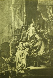 Rembrandt: Jesus Condenado a la Cruz (56 x 47 cm) y J. Moyreau: Rendez Vous de Chasse. 2 grabados sin marco. Casa Veltri