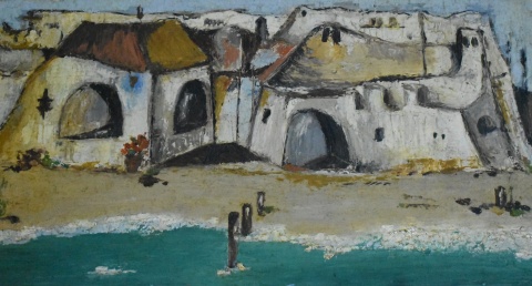 Frente al Mar, óleo sobre cartón. Anónimo. Casa Veltri. Mide: 30 x 60 cm.