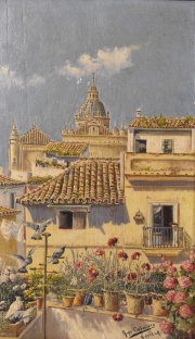 CASERIO DE SEVILLA, óleo sobre tabla firmado Arpe Caballero, Sevilla. Mide: 30 x 19 cm.