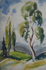 Koztowski, Paisaje con árboles, acuarela. Reproducida catálogo. Recorte al dorso. Mide: 47 x 32 cm.