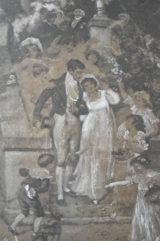 Anónimo, El Casamiento, técnica mixta con realces en blanco. Mide 55 x 39 cm.