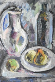 Lumerman, J.  Naturaleza con jarra, óleo. Mide: 32 x  23 cm.