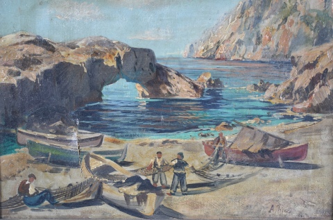 Ricci, A. Paisaje costero con pescadores, leo restaurado. Averas. 29 x 38 cm.
