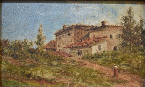 Paisaje con casas y personaje, óleo de C. de la Torre. Mide: 7,5 x 12 cm.