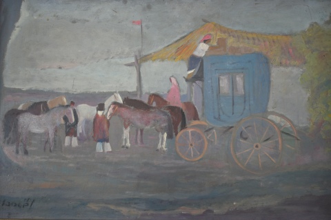 Lanoel, Posta de Carruajes, óleo de 41 x 66 cm.