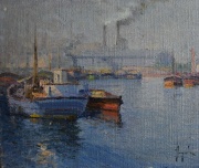 Justo Lynch, Barcos en el puerto, dos óleos de 20 x 25 cm.