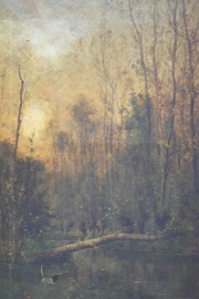 Pierre Ballue, Paiaje con árboles, óleo s/tela con roturas. Mide 59 x 39 cm. año 1886.