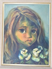 Alvarez, Nelly, Niña con Flores, óleo de 40 x 30 cm. Certificado autenticidad de Gal. Suipacha.