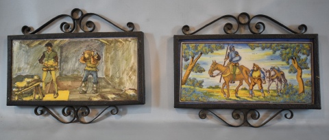 Escenas del Quijote, 2 cermicas de Talavera con marcos de hierro. 26 x 13 cm. Total: 23 x 28 cm.