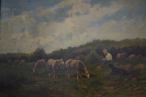 Charpin, Pastor con rebaño de ovejas, óleo reentelado. 48 x 64 cm.