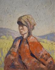 Mujer con manto rojo, óleo de Rodrigo Bonome. 42 x 35 cm. Fdo abajo izquierda.