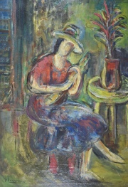Firma ilegible. Mujer con sombrero. Oleo sobre madera. 84 x 64 cm