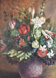 Vaso con flores, leo de 32 x 24 cm firmado semilegible Delia Mon ....