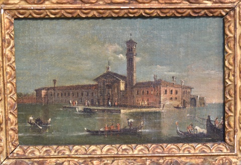 Góndolas en Venecia, óleo sobre tela, anónimo. Mide 12x19cm