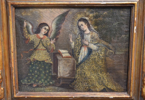 La Anunciación, óleo altoperuano sobre tela. Mide 19,5 x 24cm