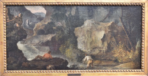 Paisaje Fluvial con Montañas y Personajes, óleo sobre tela. Mide 29x60cm