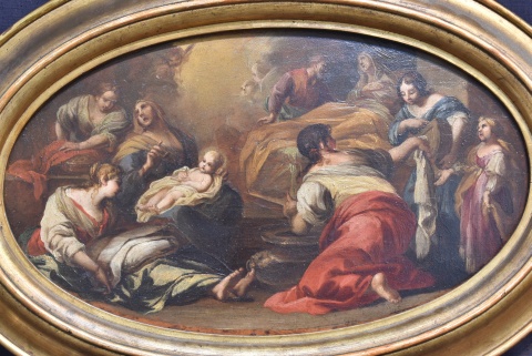Escena religiosa, óleo sobre tabla oval, anónimo italiano. 26,5 x 46,2 cm.
