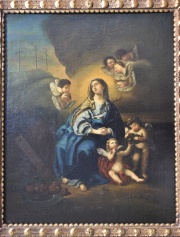 La Virgen con Querubines y los Atributos de la Pasión, óleo sobre tela, re-entelado, altoperuano. Mide 65x53 cm
