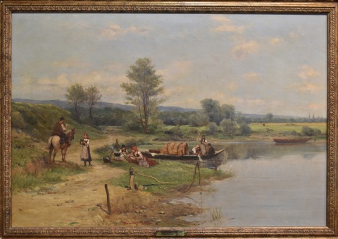 Ludwig Beruck, Paisaje fluvial con personajes, óleo sobre tela, firmado. Mide 54x81 cm