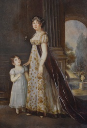 Dama con su hija, miniatura con marco de bronce.