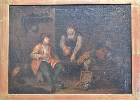 Escuela Holandesa, Jugando al backgamon, óleo sobre tela. Mide: 30 x 40 cm.