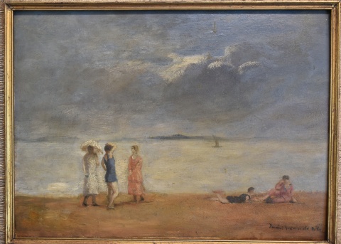 Playa con Personajes junto al mar, óleo sobre tabla. Mide 29,5 x 41 cm