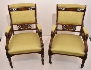 Par de sillones edwardianos con marqueteria, asientos tapizados en seda verde agua.