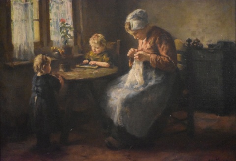 L.V.D. Tonge. Madre con dos Niños junto a la ventana. Óleo firmado L.V.D. Jonge. (223)