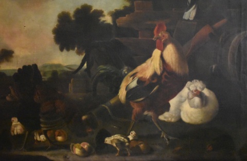 Bianchini. Naturaleza Muerta con aves, óleo, firmado V.Bianchini. Con deteriorors. (303bis)