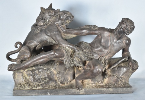 Franz, 1851. Dos esculturas de petit bronce. Mano restaurada. Luchando contra felinos. (666)