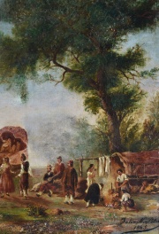 Descanso de Carretas, óleo. Firmado Félix N. Pitre.1865. (330)